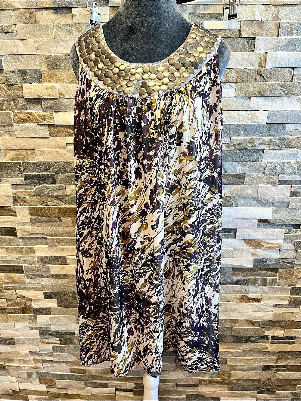 ISADORA Abstract Print Embellished Mini Dress in Brown & Cream Like